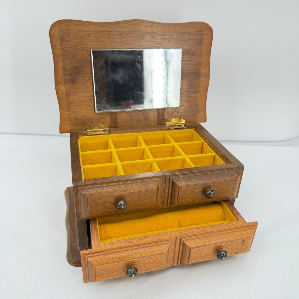 Price Imports Wooden Jewelry Box Mirror Drawer VTG Felt Lined Retro‎ Vanity